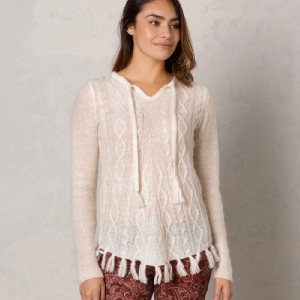 PRANA SHELBY Cable Knit Fringe Boho Poncho Sweater